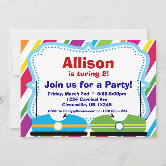 Bumperauto's, carnaval Circus Birthday Party Kaart (Voorkant)