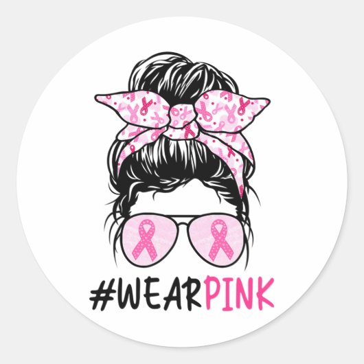 Bun Gles Draag roze Schattigee borstkanker bewustz Ronde Sticker (Voorkant)