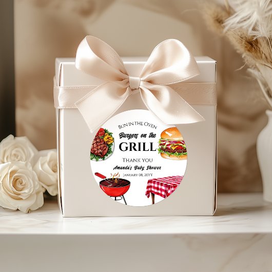 Bun in de oven BBQ Burger op Grill Baby shower Ronde Sticker
