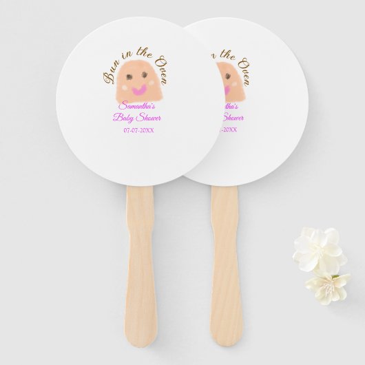 Bun in de oven beige dumpling baby shower roze br handwaaier (Voorkant en achterkant)