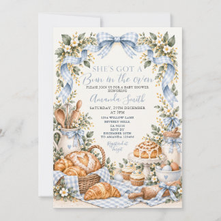 Bun in de Oven Blauwe Gingham Baby Shower Uitnodig Kaart