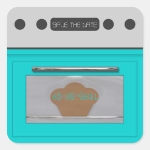 Bun in de oven; sla de datum sticker-aqua op vierkante sticker