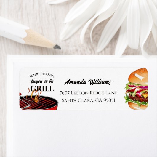 Bun in Oven BBQ Burger Grill Baby shower Adres Etiket (Insitu)