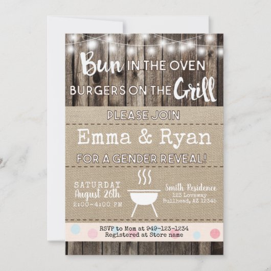 Bun in Oven BBQ Burlap Wood Gender onthulling Kaart (Voorkant)