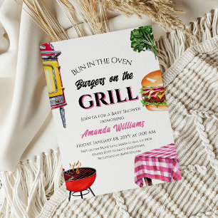 Bun in Oven Burger Grill Girl BBQ Baby shower Kaart