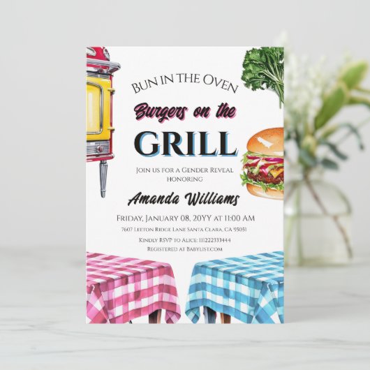 Bun in Oven Burger op Grill BBQ Genderonthulling Kaart (Staand voorkant)