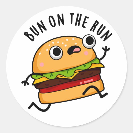 Bun on the run Funny Burger Pun Ronde Sticker (Voorkant)