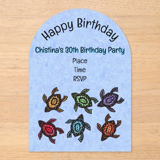 Bunch van Kleurrijke Abstracte Schildpadden Blauwe Acryl Uitnodigingen (Voorkant)
