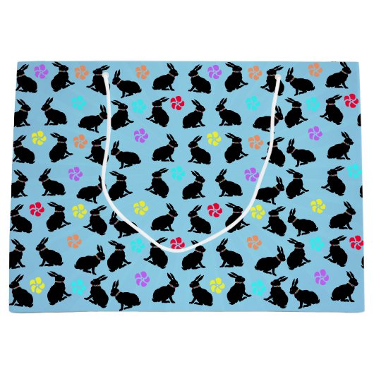 Bunch van Zwart Silhouet Konijnen Bloemen Blauw Groot Cadeauzakje (Voorkant)