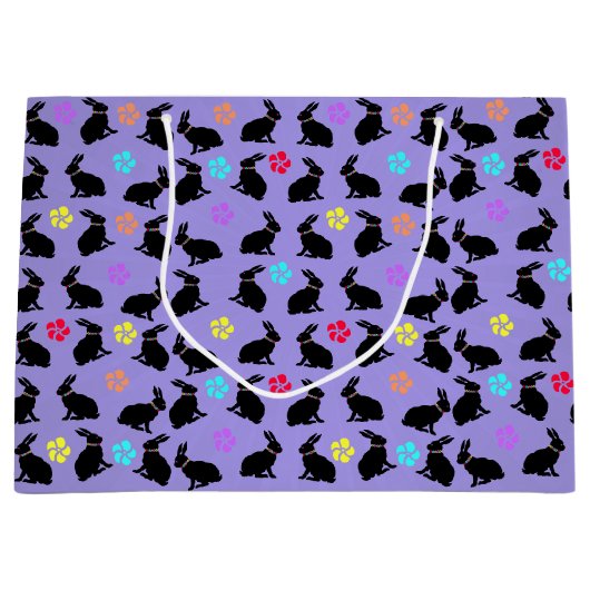 Bunch van zwart silhouet konijnen bloemen Paarse Groot Cadeauzakje (Voorkant)