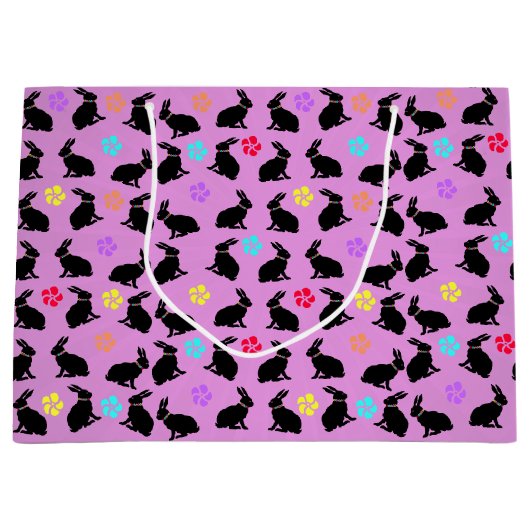 Bunch van zwart silhouet konijnen bloemen roze groot cadeauzakje (Voorkant)