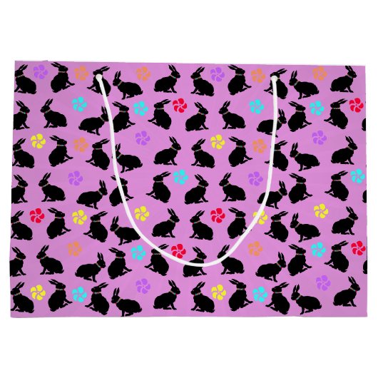 Bunch van zwart silhouet konijnen bloemen roze groot cadeauzakje (Achterkant)