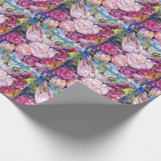 Bunches van roze bloemen en roze vogel cadeaupapier (Hoek)