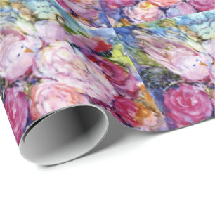 Bunches van roze bloemen en roze vogel cadeaupapier