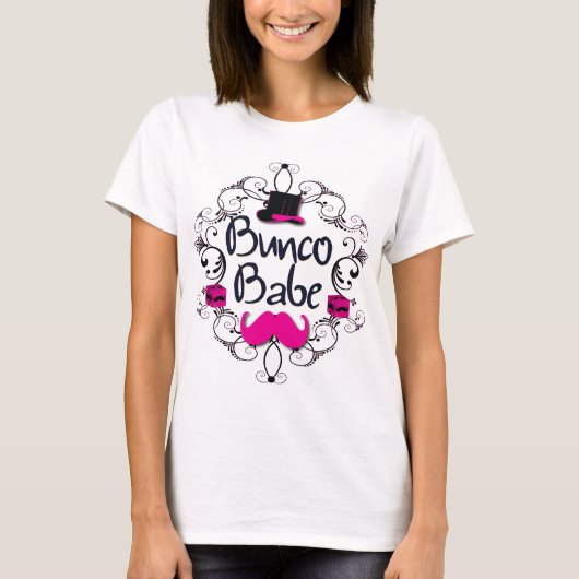 Bunco Babe met roze bovenste en roze mustache T-shirt (Voorkant)