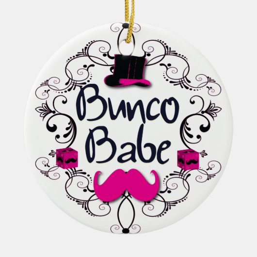 Bunco Babe met Swirls, Mustache en Top Hat Keramisch Ornament (Voorkant)