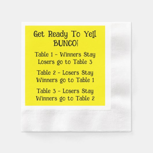 Bunco Directions Napkin in Yellow Servet (Voorkant)