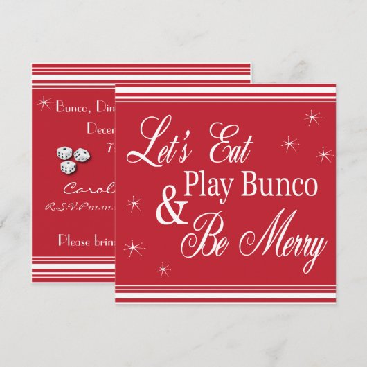 Bunco Invite - Laten we eten, Bunco spelen en Merr Kaart (Voorkant / Achterkant)