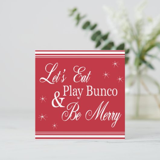 Bunco Invite - Laten we eten, Bunco spelen en Merr Kaart (Staand voorkant)