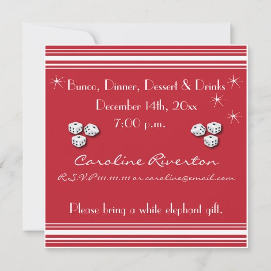 Bunco Invite - Laten we eten, Bunco spelen en Merr Kaart (Achterkant)