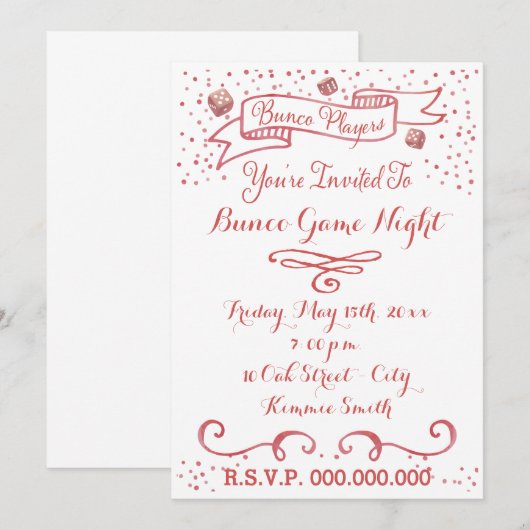 Bunco Invite - Ribbon en Dice Kaart (Voorkant / Achterkant)