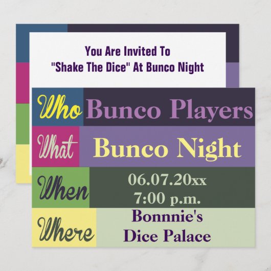 Bunco Modern Colorful Fun Invite Kaart (Voorkant / Achterkant)