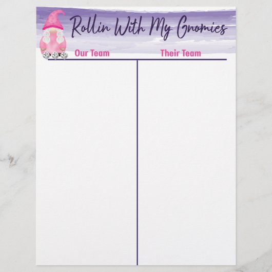 Bunco Schattige Gnome Dice Tally Score Sheet (Voorkant)