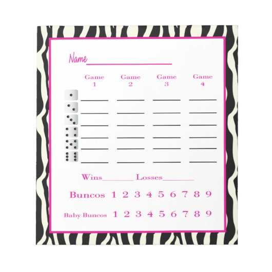 bunco score pad - zebra ontwerp notitieblok (Voorkant)
