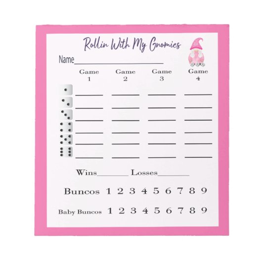 Bunco Score Sheet Pad Schattige Gnome Pink Notitieblok (Voorkant)