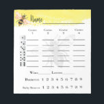 Bunco Score Sheets Bee Notitieblok<br><div class="desc">Het thema van de bijen in geel en zwart kleurenthema creëer een prachtig Bunco of Bunko scoreklakblok. Perfect voor je koningin-bijen-dames die avond uit het Bunco-feest.</div>