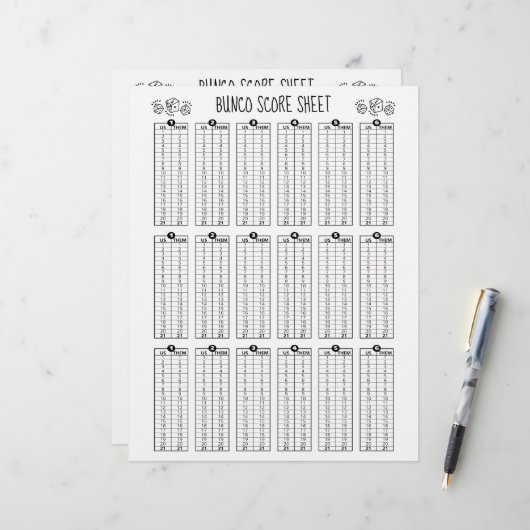 Bunco-score - tabelscore voor dijsspel briefhoofd (Voorkant / Achterkant in situ)