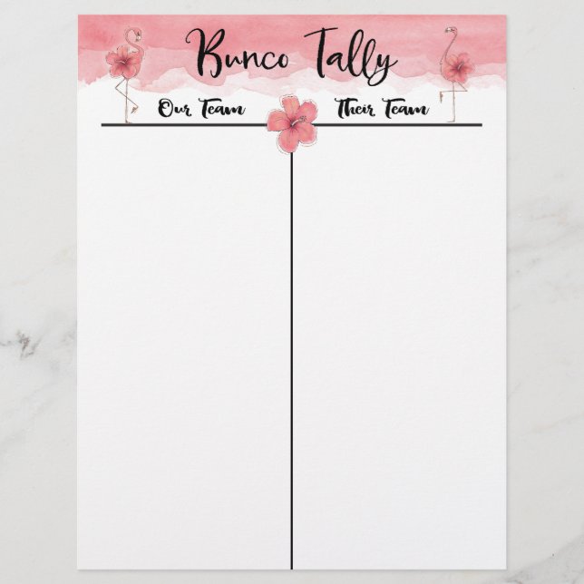 Bunco Tally Score Sheet Tropisch Roze Flamingo Fun (Voorkant)