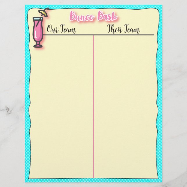 Bunco Tally Sheet - Roze Tropische Beach Drink (Voorkant)