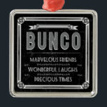 Bunco  Typografie Metalen Ornament<br><div class="desc">Fun en festive Bunco  typografie,  kunstontwerp.  Bunco inspireerde kunstwerk kenmerkt een  stijlgrens,  lint,  sierembeletsels,  en de woorden: Bunco,  geweldige vrienden,  prachtige Laughs en edele tijden.  Bunco-objecten zijn perfect voor Bunco-nachts,  Bunco-prijzen,  Bunco-decoratie en Bunco-cadeaus.</div>