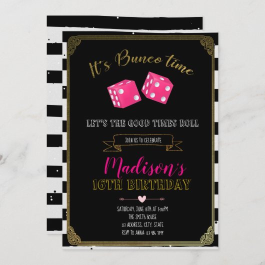 Bunco verjaardagsfeestje uitnodiging (Voorkant / Achterkant)