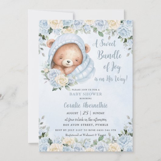 Bundel van Joy Beer Blue Floral Boy Baby shower Kaart (Voorkant)