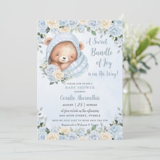 Bundel van Joy Beer Blue Floral Boy Baby shower Kaart (Staand voorkant)