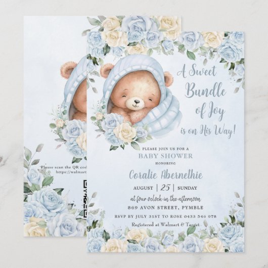 Bundel van Joy Beer Blue Floral Boy Baby shower Kaart (Voorkant / Achterkant)