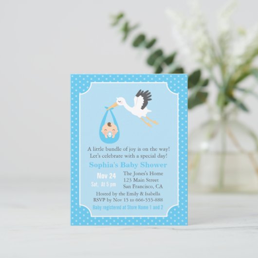 Bundel van Joy Stork Delivery Baby Boy Shower Kaart (Staand voorkant)