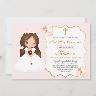 Bunette Girl First Holy Communion Elegant Cute Kaart