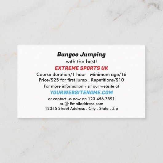 Bunjee Cartoon - Bungee Jumping Instructeur Visitekaartje (Achterkant)