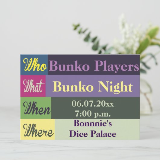 Bunko Modern Colorful Fun Invite Kaart (Staand voorkant)