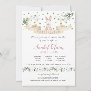 Bunn Pink Floral Greenery Baptism Girl Invitation Kaart