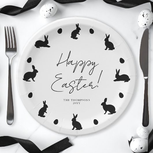 Bunnies And Eggs In Black Modern Happy Easter Papieren Bordje