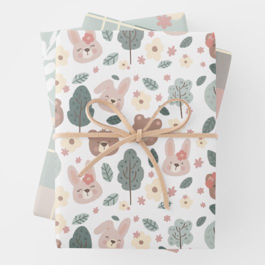 Bunnies & beren Verpakkingsdocument Vlakke Bladree Inpakpapier Vel (In situ)