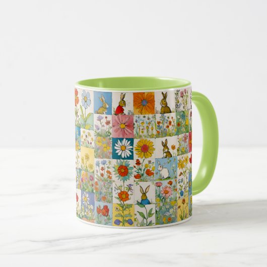 Bunnies  Bloemen Patchwork Retro Pasen Mok (Voorkant rechts)