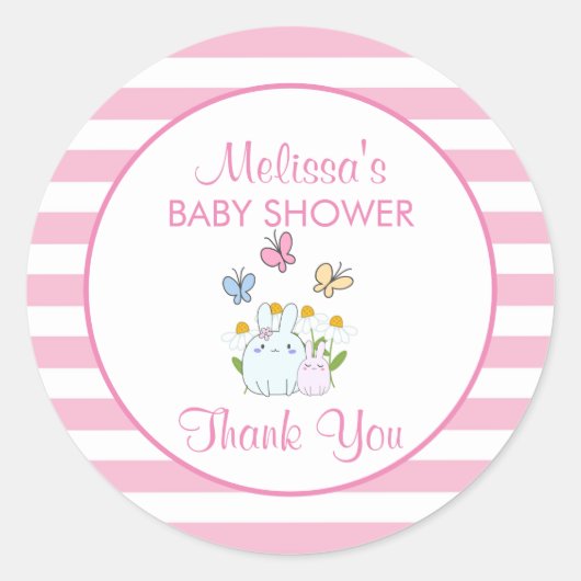 Bunnies, Butterflies & Daisies Baby Shower Thanks Ronde Sticker (Voorkant)