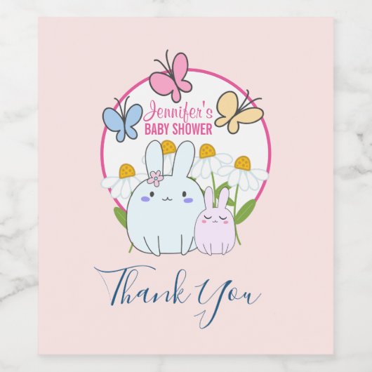 Bunnies, Butterflies en Daisies Baby shower Wijn Etiket (Enkel label)