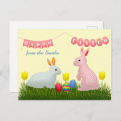Bunnies, eieren, tulpen en Happy Easter Bunting Briefkaart (Voorkant / Achterkant)