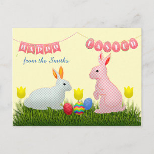 Bunnies, eieren, tulpen en Happy Easter Bunting Briefkaart
